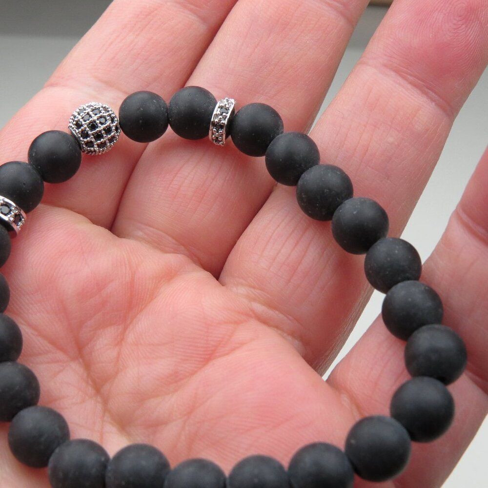 $120 Lava natural healing Yoga elastic Bracelet St Steel onys setted bowl Men Wo